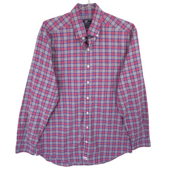 Vineyard Vines Performance Shirt Mens M Gray Red Blue Plaid Classic Fit Murray - Picture 1 of 6